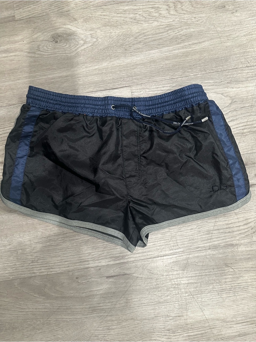 Dolce & Gabbana Black Swim Trunks with Navy and Gray Trim